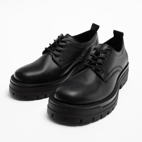 NWT. Zara Black Leather Chunky Lace-Up Derby Shoes. Size 9. - Picture 2 of 8